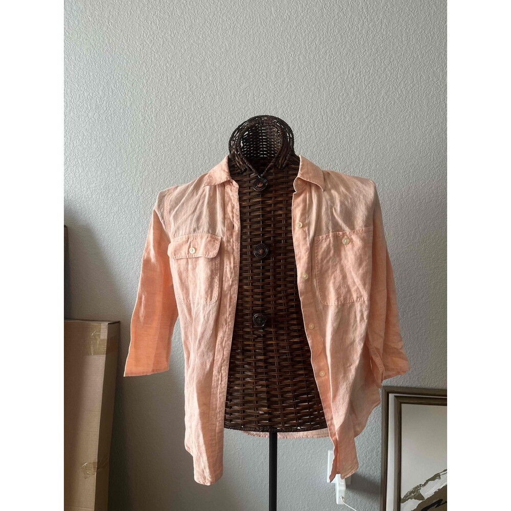 Lauren Ralph Lauren Peach Linen Button Up Top 3/4 Sleeves size Small